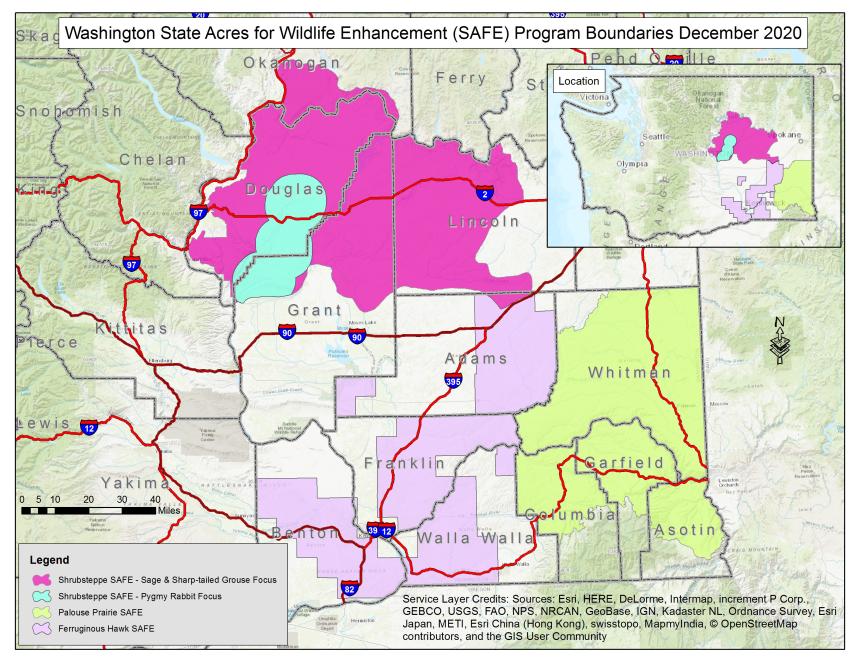 Map showing boundaries of Washington State Acres for Wildlife Enhancement Program