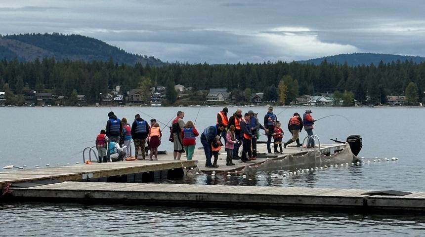 The fishing dock with net pens stocked full of trout for National Hunting and Fishing Day at Diamond Lake near Newport.