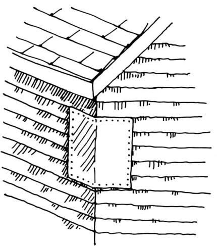 A drawing depicts flashing on the side of a house to prevent opossum entrance. 