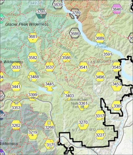 Some of the fisher survey grid cells in Chelan County and beyond.