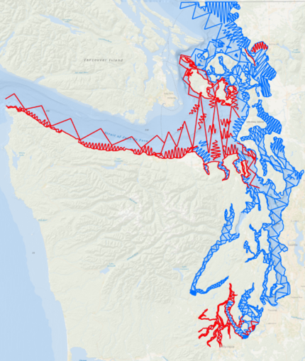 Survey track lines. Blue is completed and red is planned.